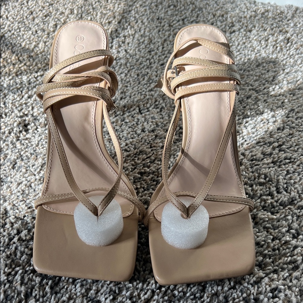Strappy Square-Toe Heeled Sandals in Beige